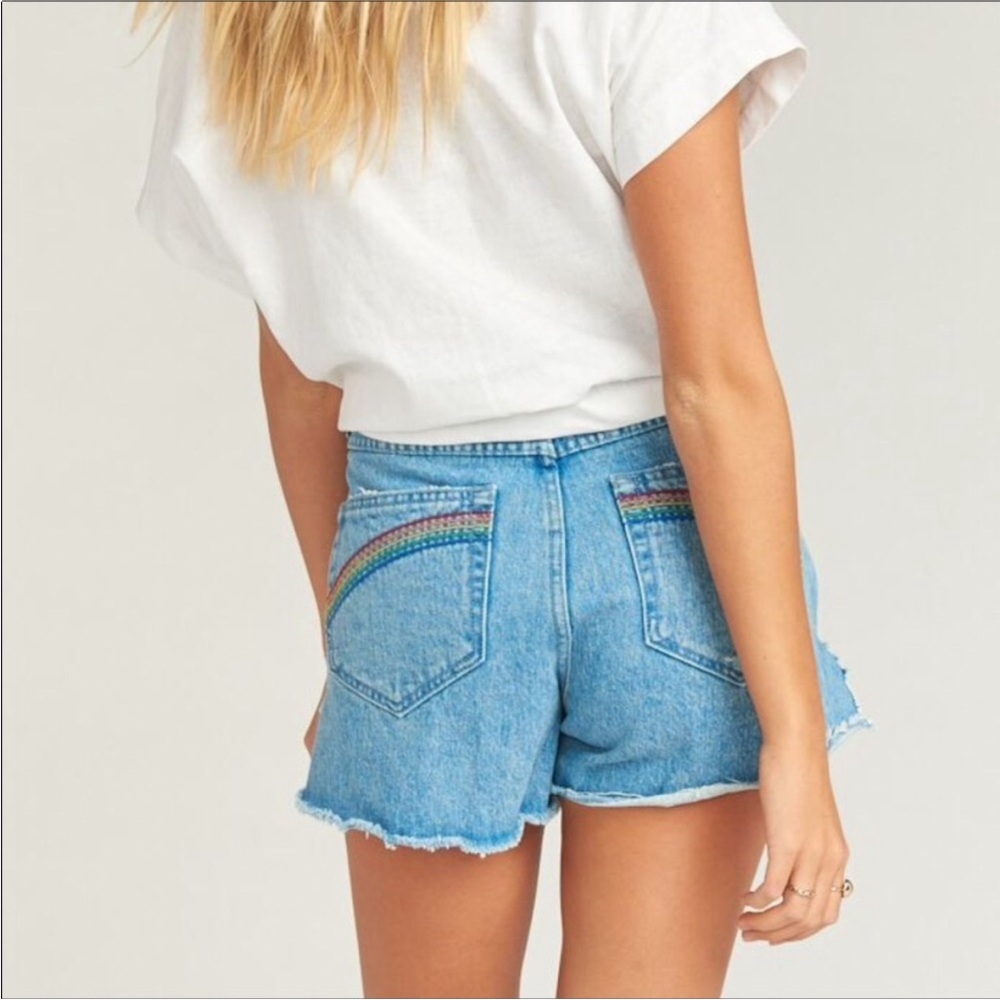 Show Me Your MuMu Light Blue Denim Jean Shorts with Rainbow Stitching